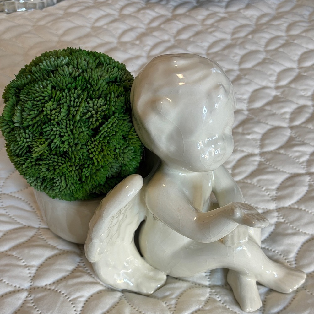Ceramic Angel Planter with Faux Greenery 6 in tall 10 in wide 6 inches deep